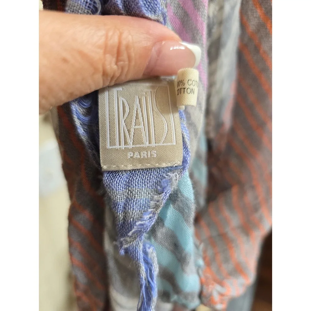 Traits Paris Made in France 100% Cotton Striped Scarf Wrap Purple Blue Grey